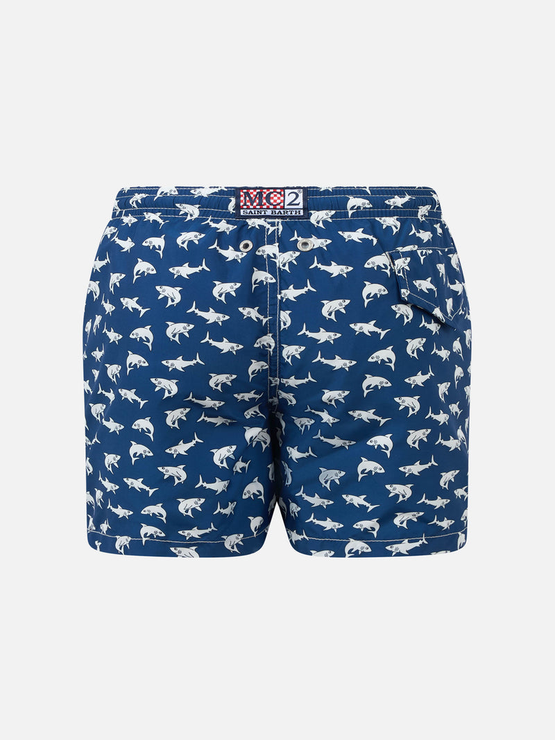 Boy lightweight fabric swim-shorts Jean Lighting 70 with sharks print