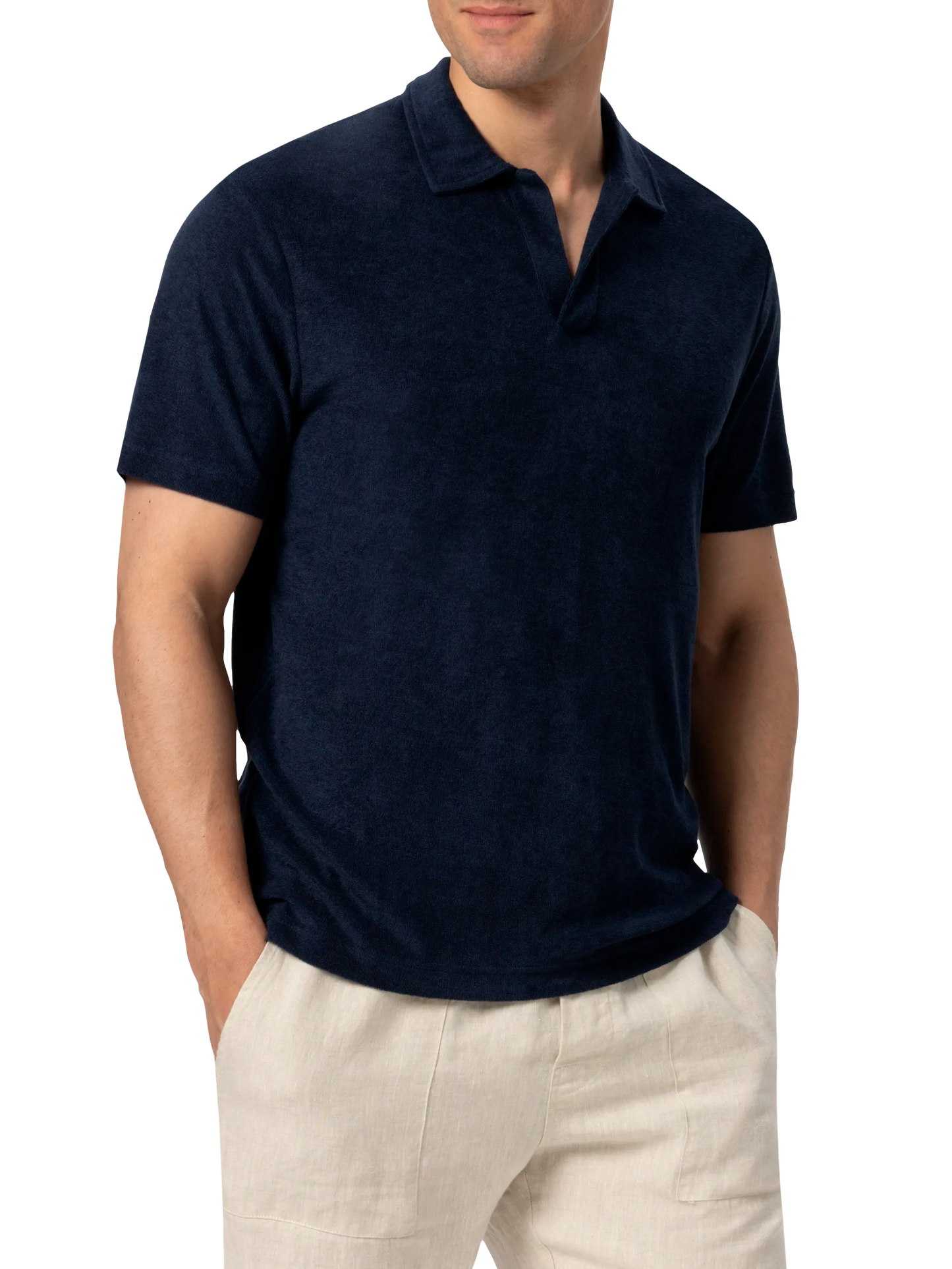 Jeremy navy blue terry buttonless polo shirt