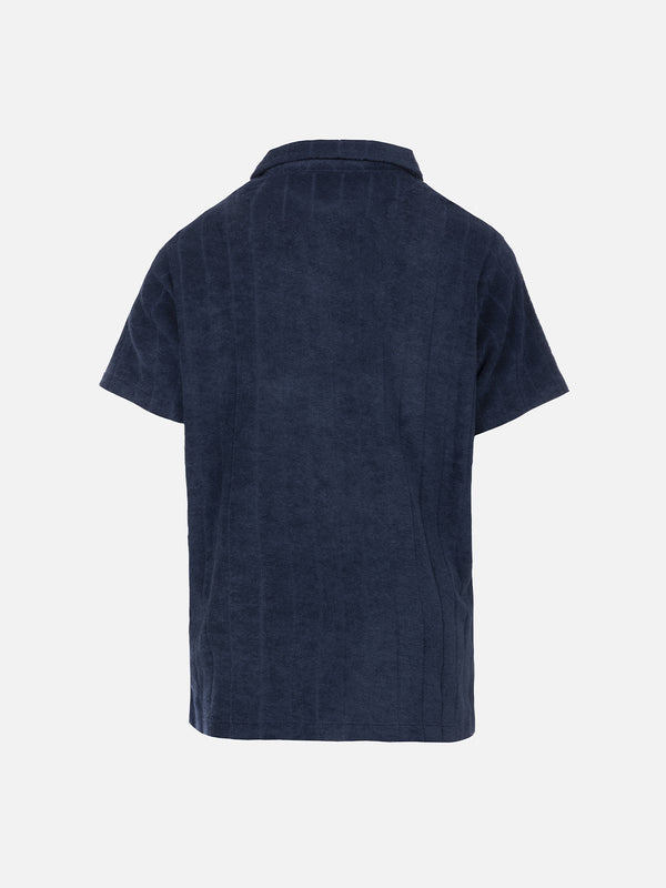 Boy navy blue terry polo shirt Jeremy Jr with striped embossed pattern