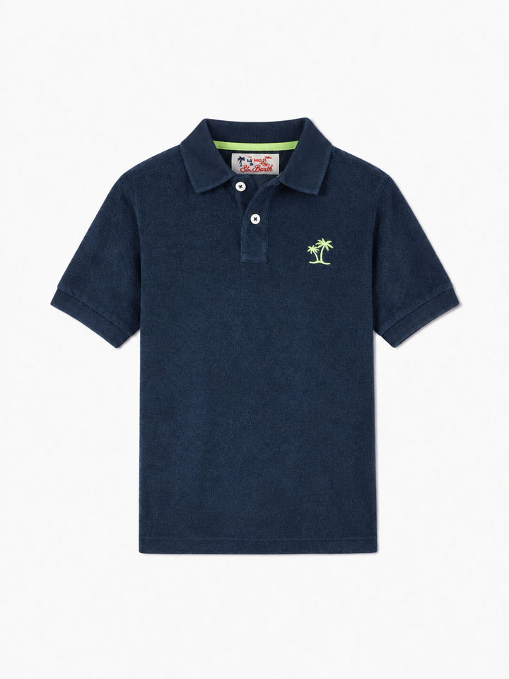 Polo infantil azul de rizo con bordado de palmera 