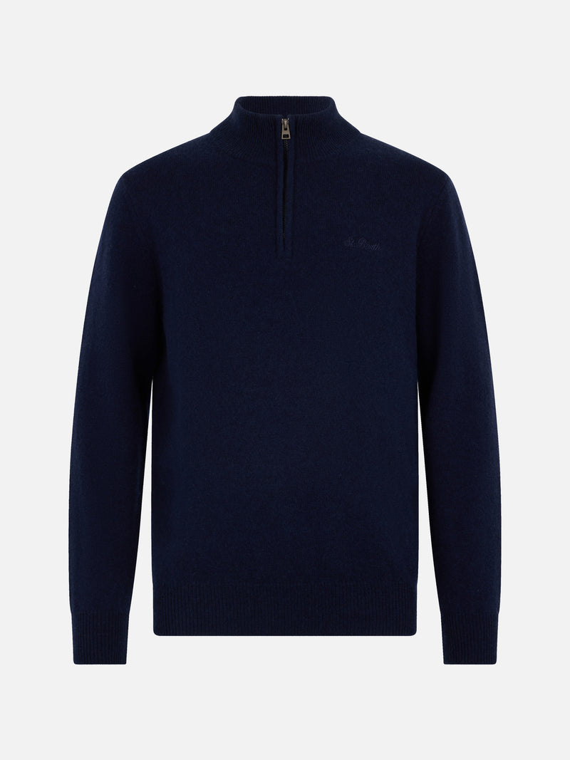 Maglione blu in Lambswool con cerniera a un quarto da uomo Jermyn