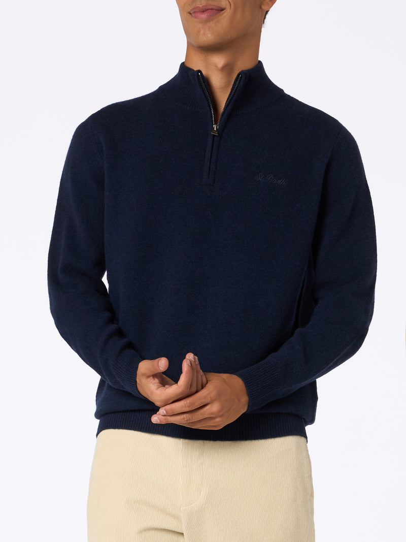 Maglione blu in Lambswool con cerniera a un quarto da uomo Jermyn