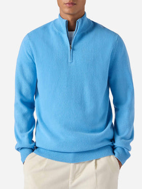 Pullover a mezza zip Jermyn in lambswool azzurro polvere