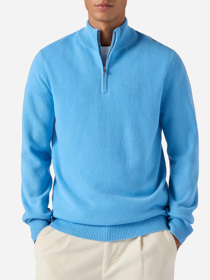 Pullover a mezza zip Jermyn in lambswool azzurro polvere
