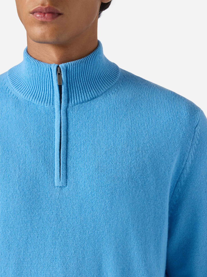 Pullover a mezza zip Jermyn in lambswool azzurro polvere