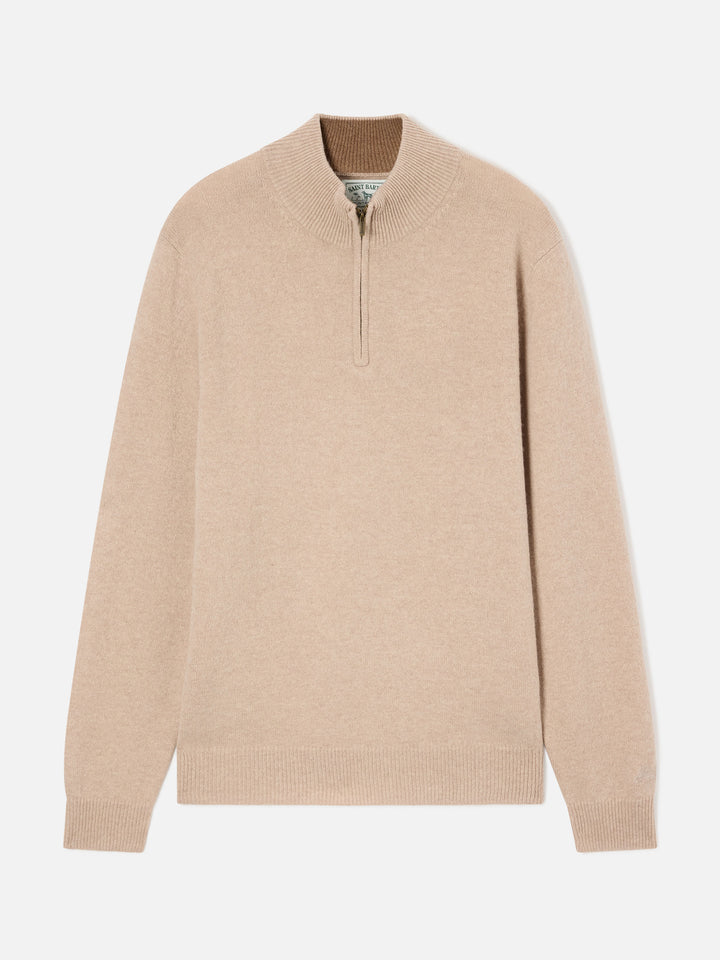 Beiger Jermyn Half-Zip-Strickpullover aus Lambswool mit kontrastierendem Kragen 