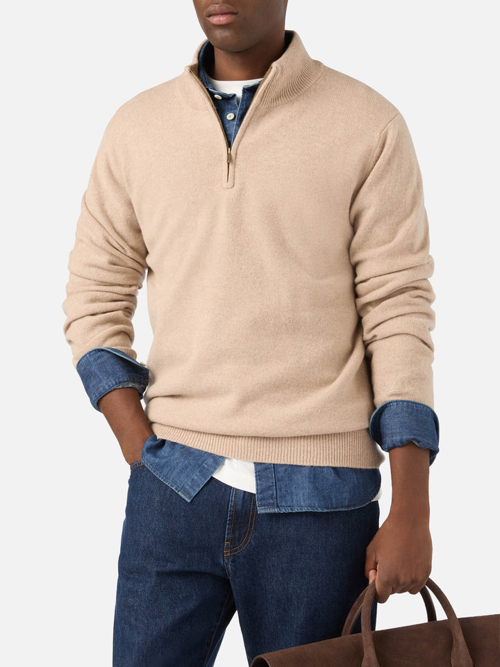 Jersey de media cremallera en lana de cordero Jermyn beige con cuello en contraste 
