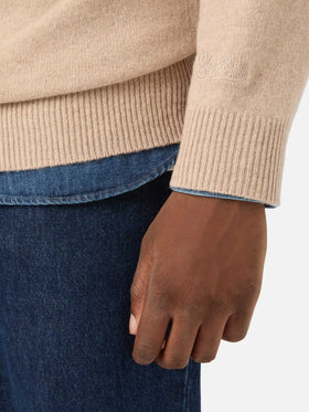 Beiger Jermyn Half-Zip-Strickpullover aus Lambswool mit kontrastierendem Kragen 