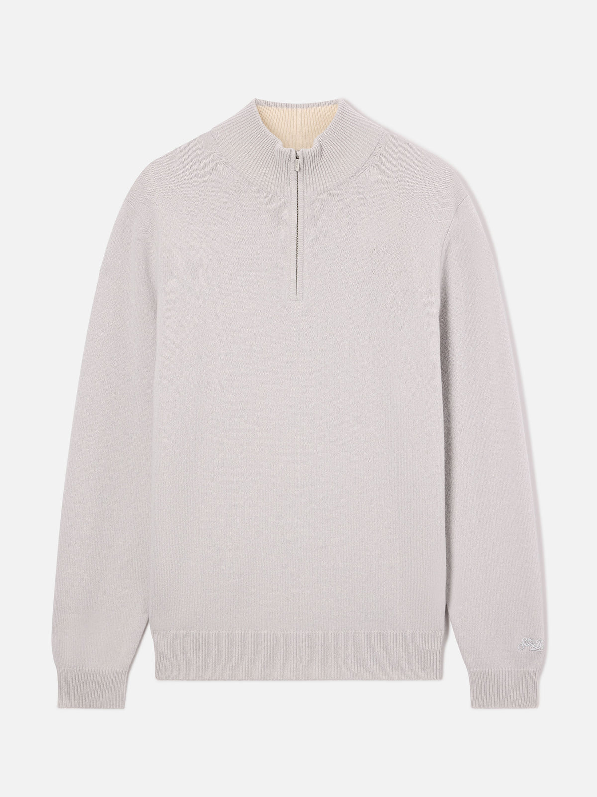 Maglia Jermyn pietra chiaro in lana d'agnello con mezza zip e collo a contrasto
