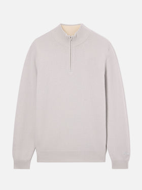 Maglia Jermyn pietra chiaro in lana d'agnello con mezza zip e collo a contrasto