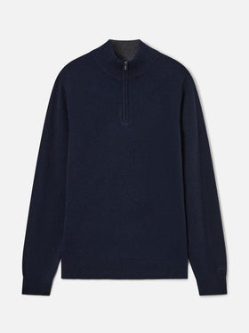 Pull en laine d'agneau Jermyn blue bleu marine à demi-zip avec col contrastant 