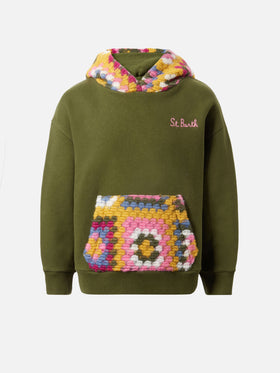 Felpa con cappuccio Jeune Jr verde con motivo crochet