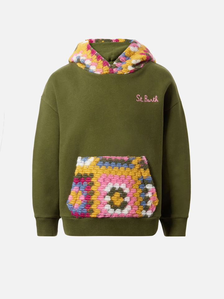 Jeune Jr green hoodie with crochet pattern