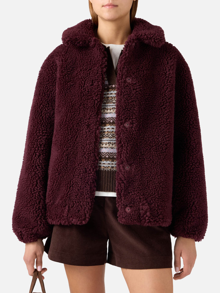 Aubergine Jeanne wool blend teddy jacket with logo patch