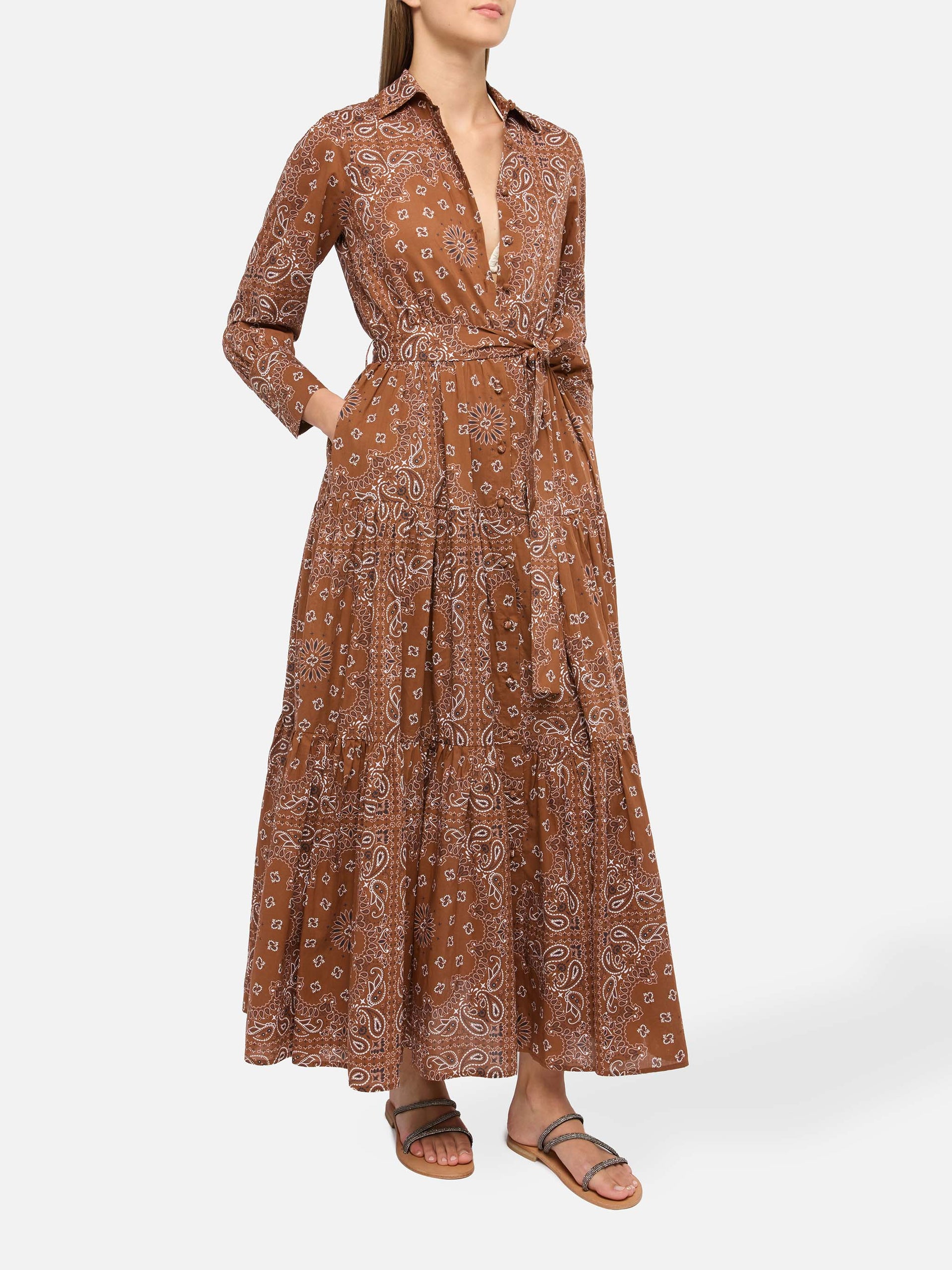 Brown Jensen cotton long dress with bandana print