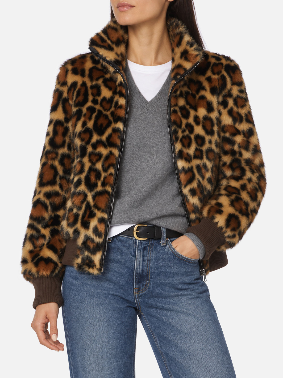 Chaqueta Janette marrón de pelo sintético con estampado de corazón animal 