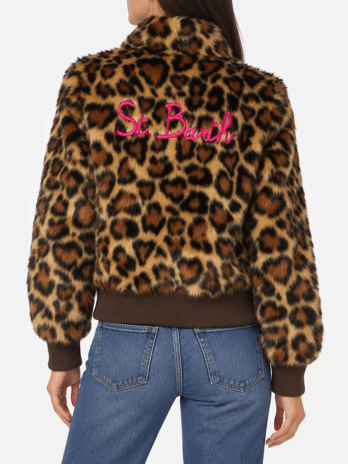 Chaqueta Janette marrón de pelo sintético con estampado de corazón animal 