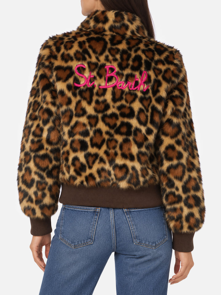 Janette brown furry jacket with animal heart print