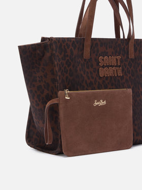 Bolso Large Jour de denim con estampado de leopardo y asas de ante 