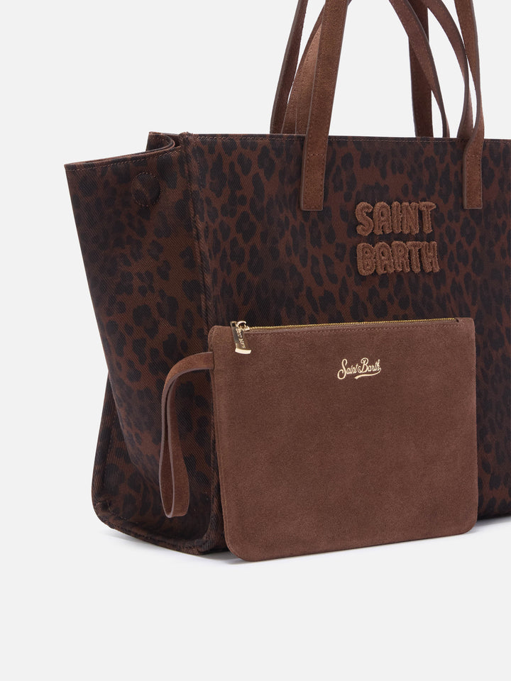 Große Jour-Denimtasche mit Leopardenprint und Wildledergriffen 