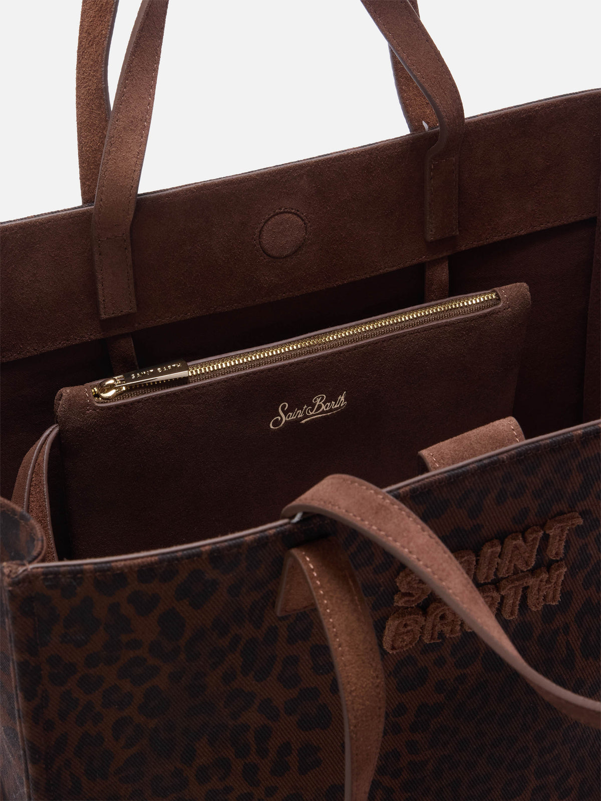 Bolso Large Jour de denim con estampado de leopardo y asas de ante 