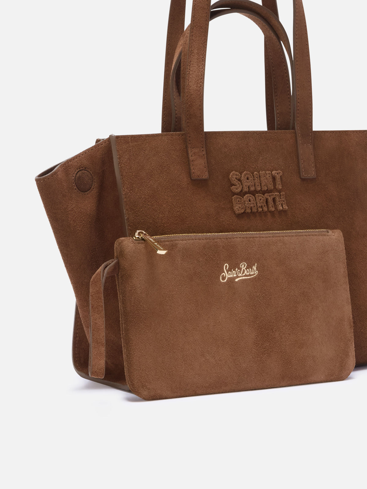 Braune mittelgroße Jour-Tasche aus Veloursleder mit Logostickerei 