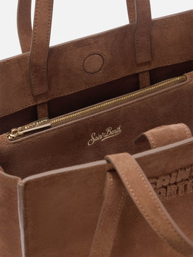 Braune mittelgroße Jour-Tasche aus Veloursleder mit Logostickerei 