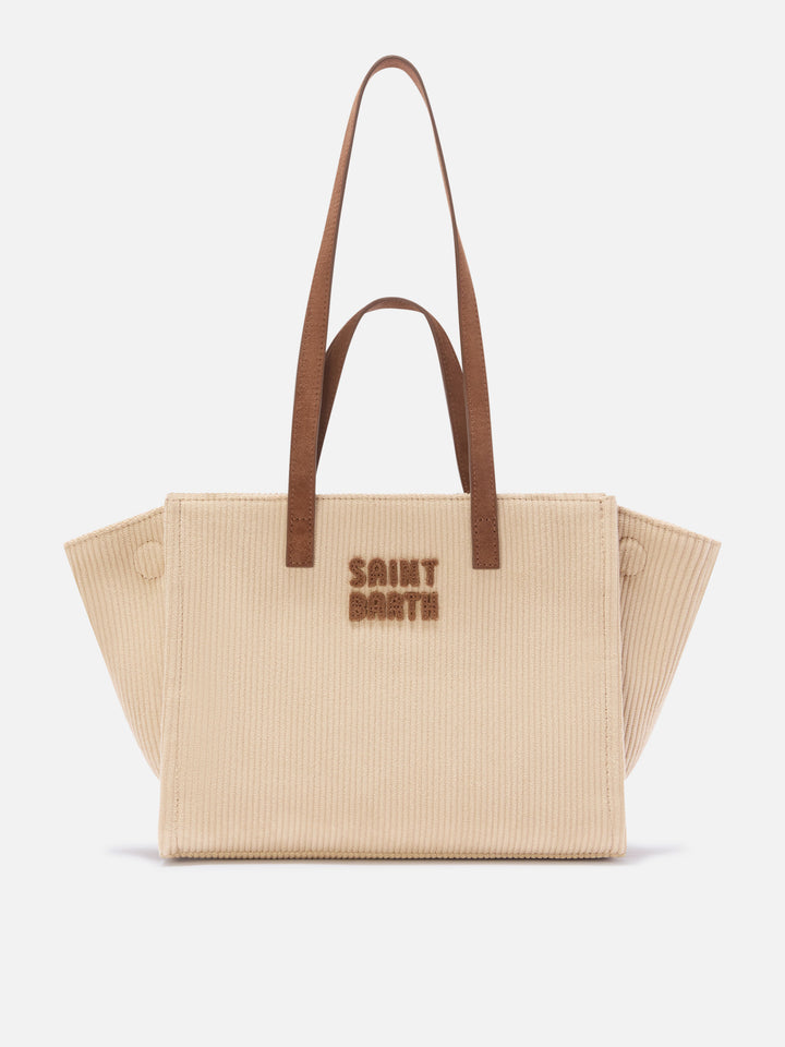 Borsa Medium Jour beige in velluto a coste con manici in camoscio