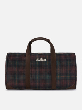 Jetleg wool blend duffle bag with tartan pattern and faux leather trims