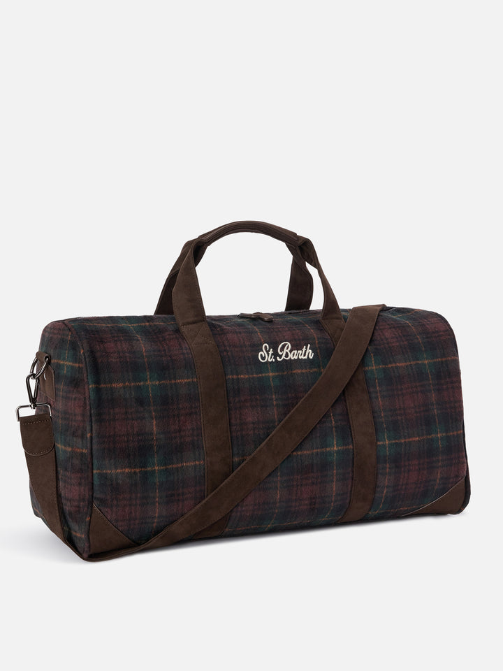 Jetleg wool blend duffle bag with tartan pattern and faux leather trims
