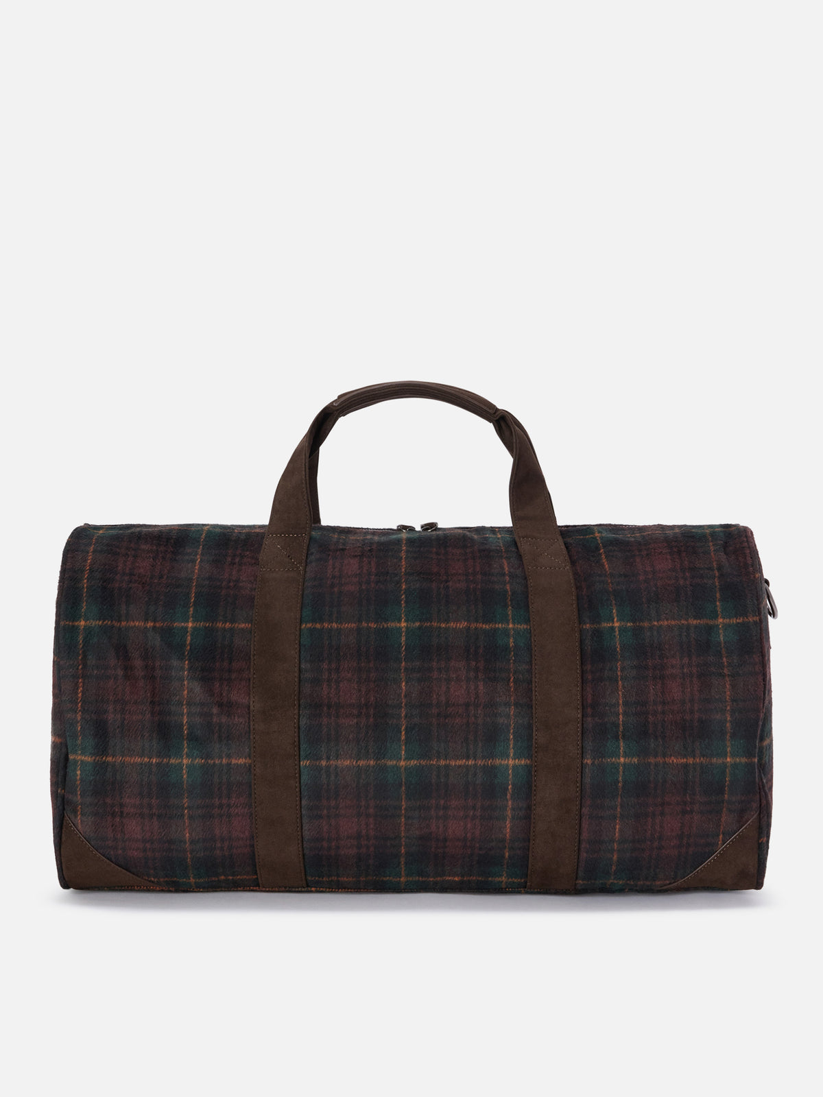 Jetleg wool blend duffle bag with tartan pattern and faux leather trims