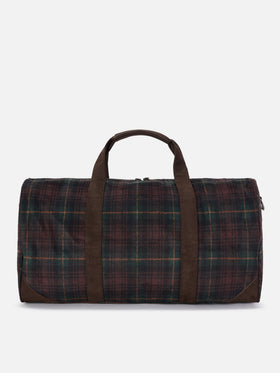 Jetleg wool blend duffle bag with tartan pattern and faux leather trims