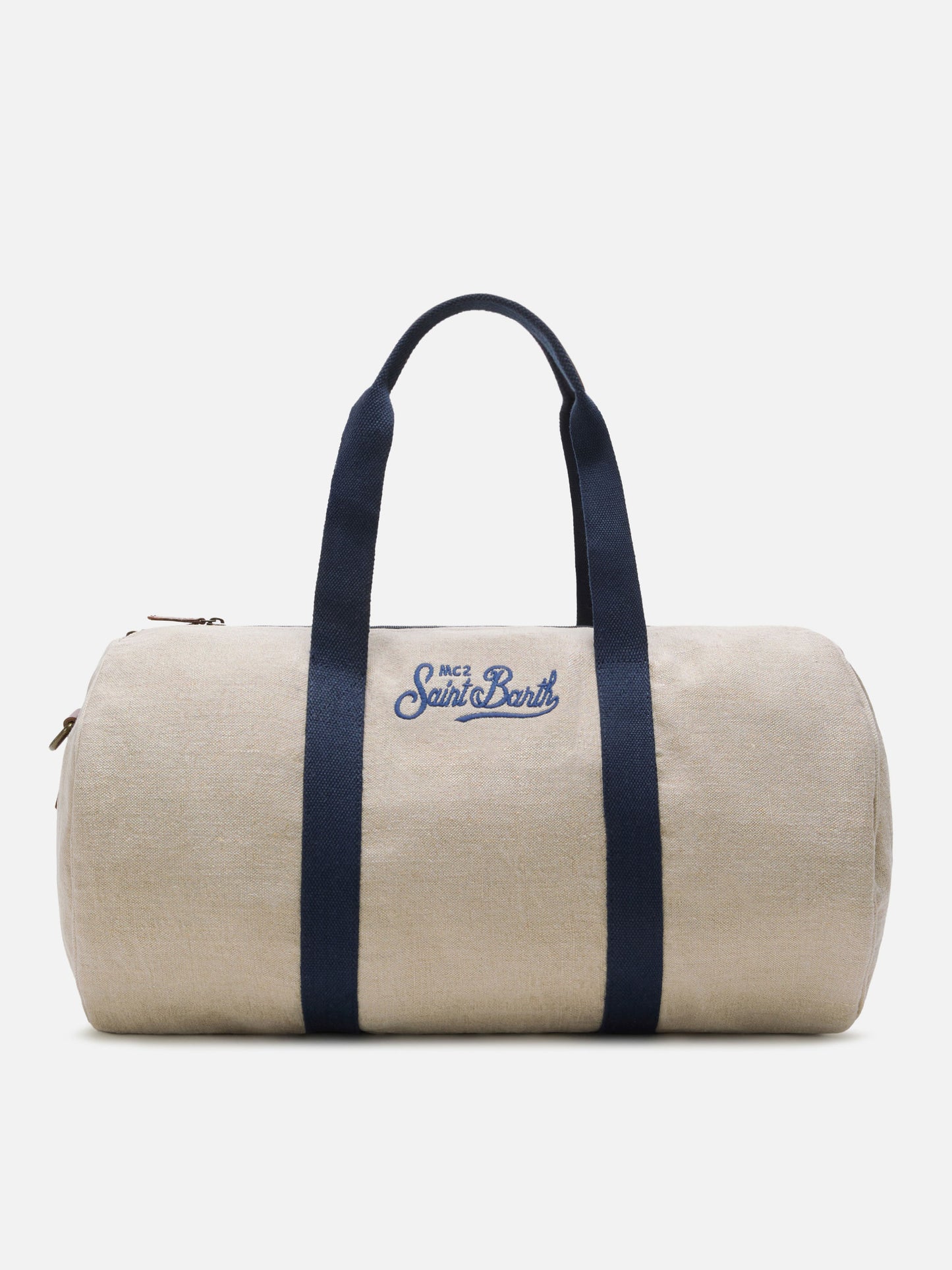 Round Jetleg beige linen weekender with contrasting embroidered logo