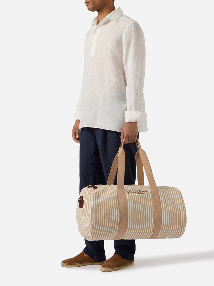 Round Jetleg beige and white striped linen weekender