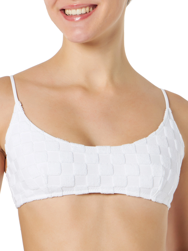 Weiß karierter Frottee-Bralette-Badeanzug für Damen
