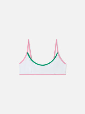 Top de bikini bralette de rizo White Judy String con ribetes 