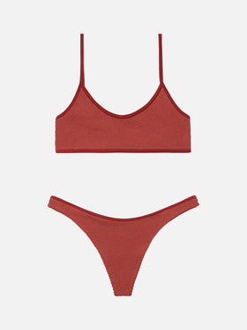 Bikini bralette Judy Naomi con slip sgambati in tessuto crinkle arancione ruggine