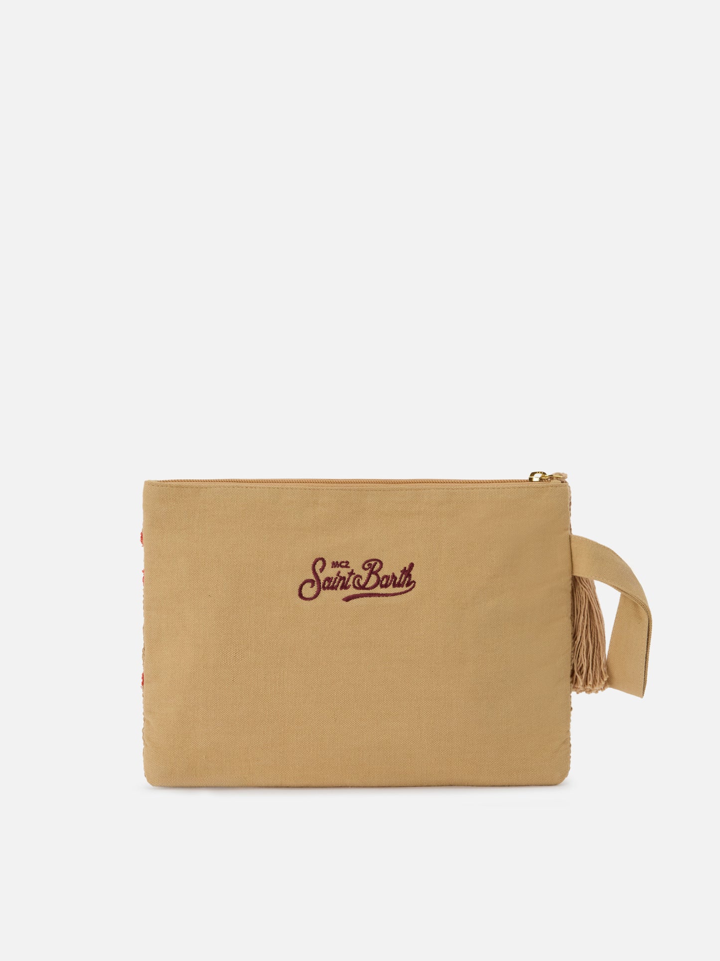 Jute pouch with embroidered coral pattern