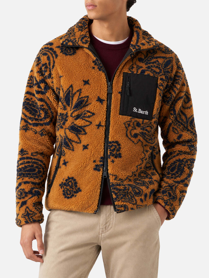 Ochre Keystone sherpa fleece jacket with all-over pattern