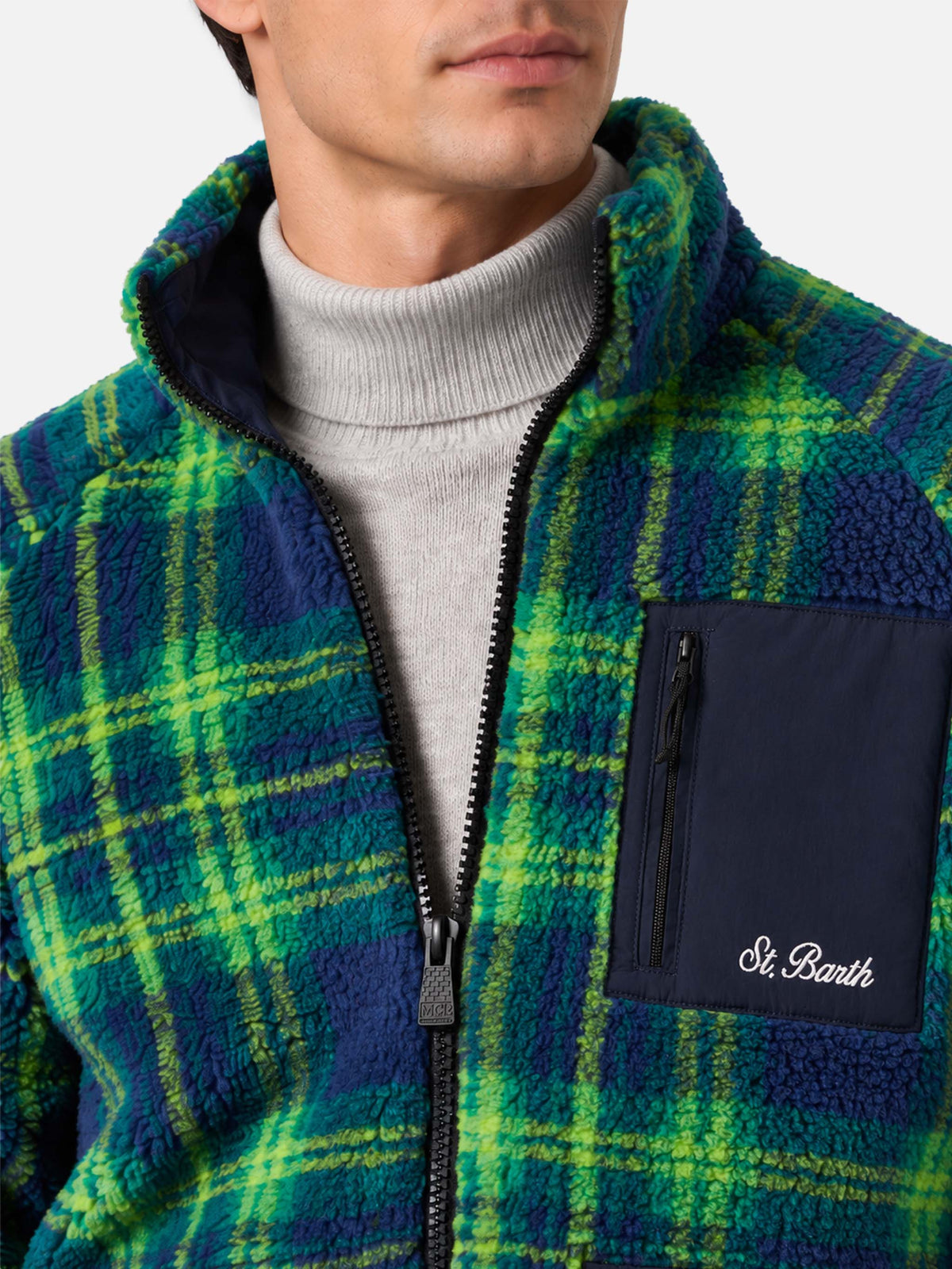 Green and blue Keystone sherpa jacket with tartan pattern