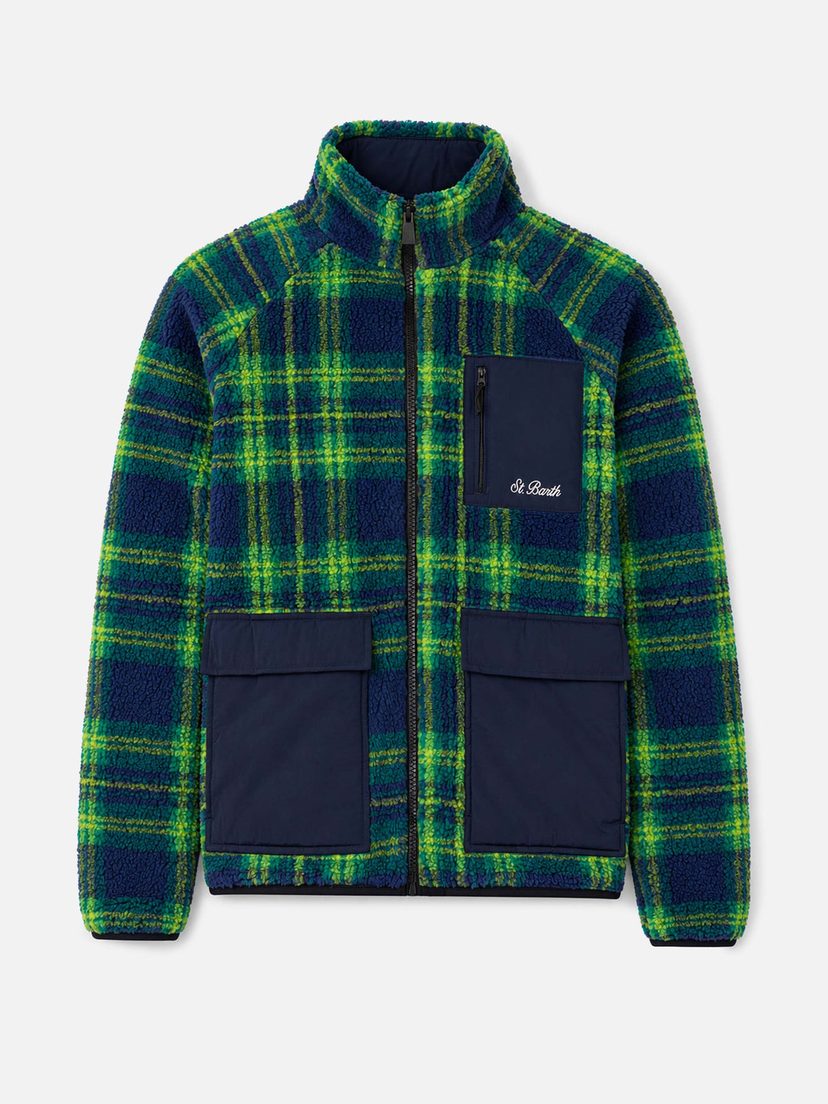 Green and blue Keystone sherpa jacket with tartan pattern