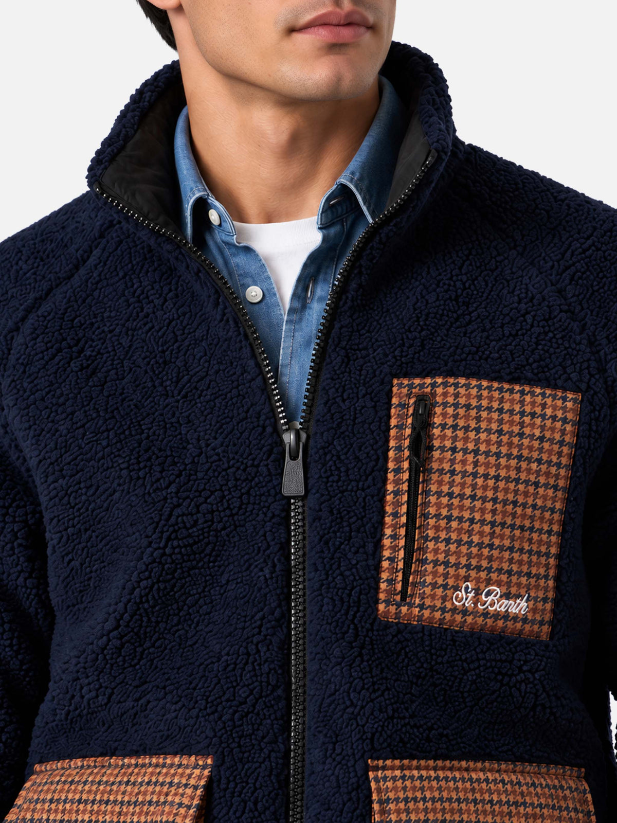 Keystone blaue Sherpa-Jacke mit karierten aufgesetzten Taschen 