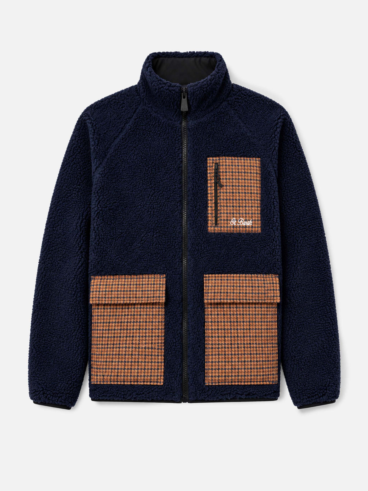 Keystone blaue Sherpa-Jacke mit karierten aufgesetzten Taschen 