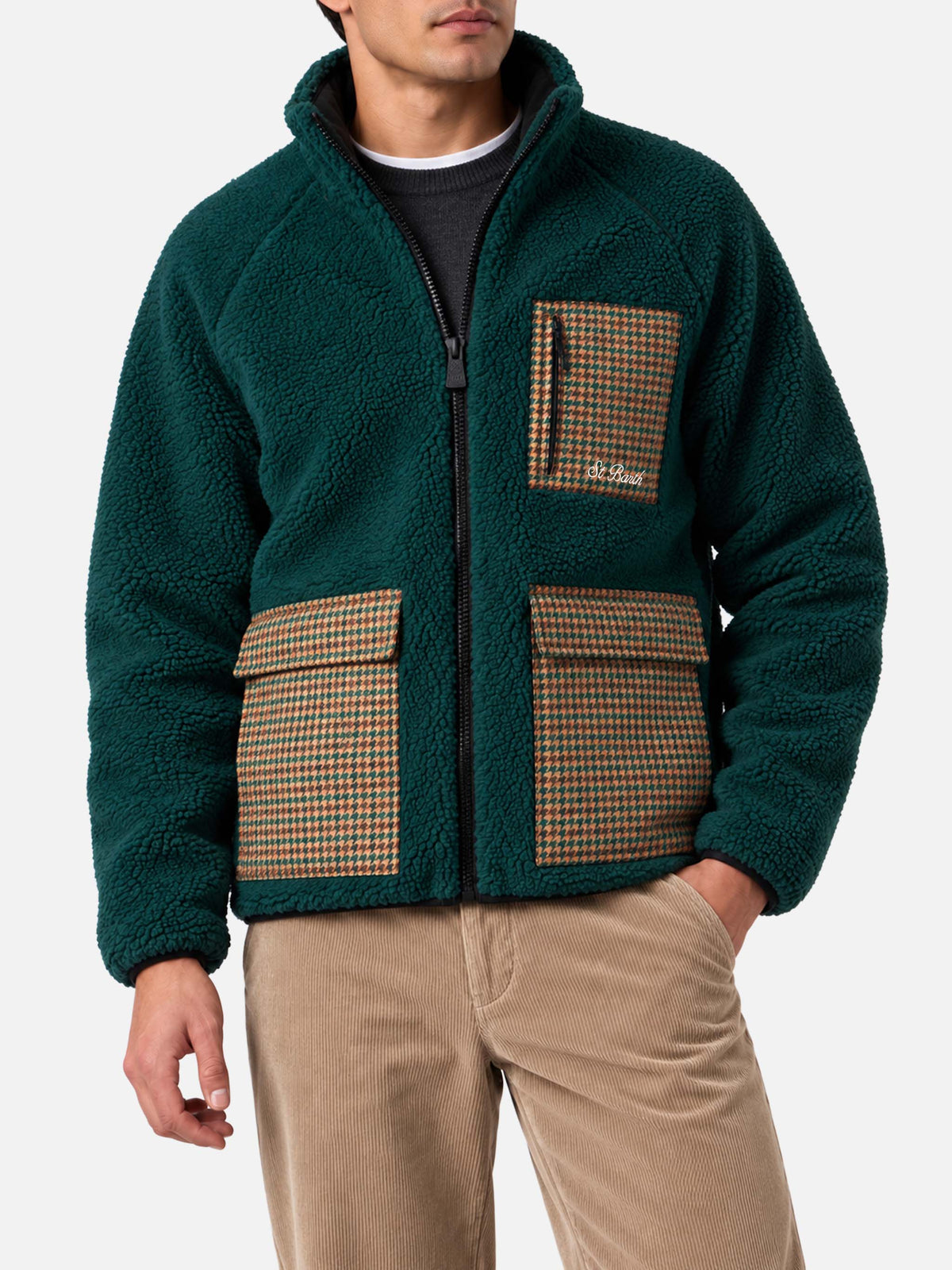 Chaqueta Keystone de sherpa verde con bolsillos de parche pied de poule 