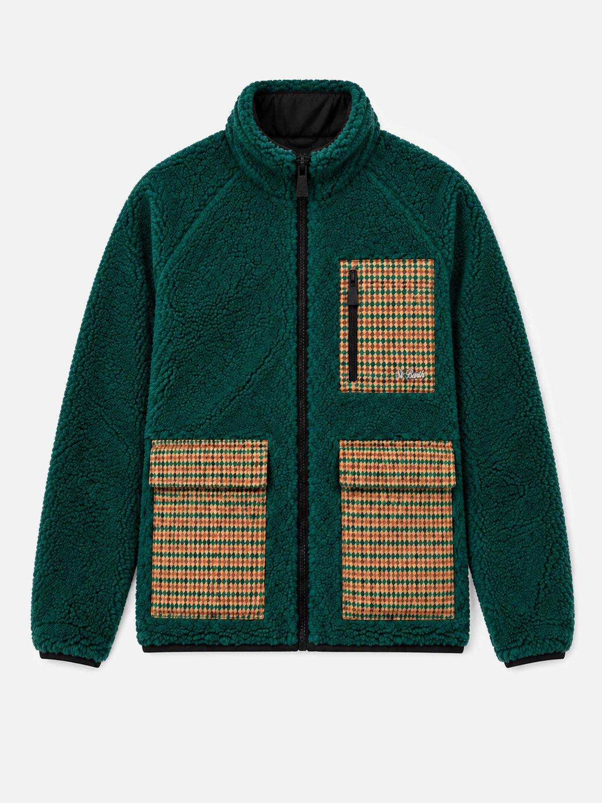 Chaqueta Keystone de sherpa verde con bolsillos de parche pied de poule 