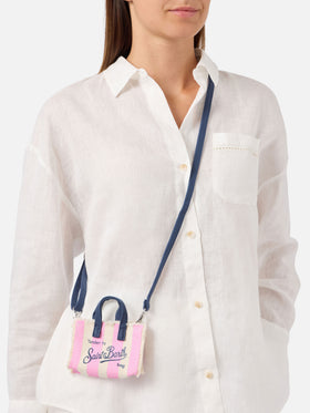 Porte-clés en forme de mini sac en tissu rayé avec logo brodé 