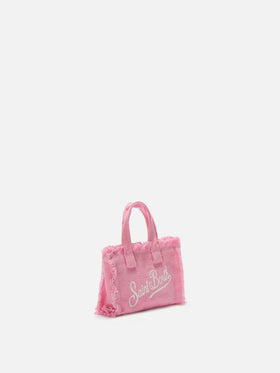 Pink linen mini bag–shaped keychain with printed logo