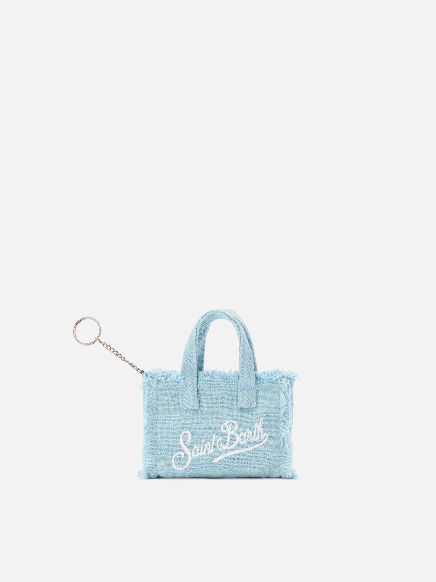 Hellblauer schlüsselanhänger in Form einer Mini-Tasche aus Leinen mit aufgedrucktem Logo 