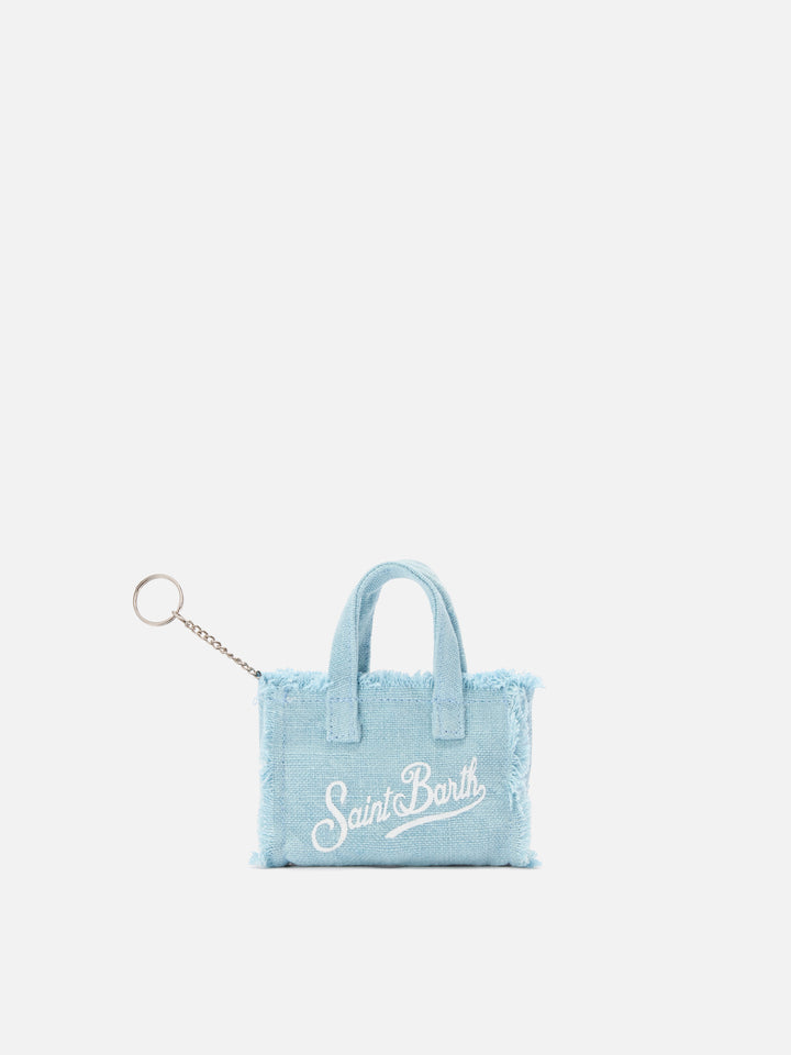 Llavero en forma de mini bolso de lino azul claro con logo estampado 