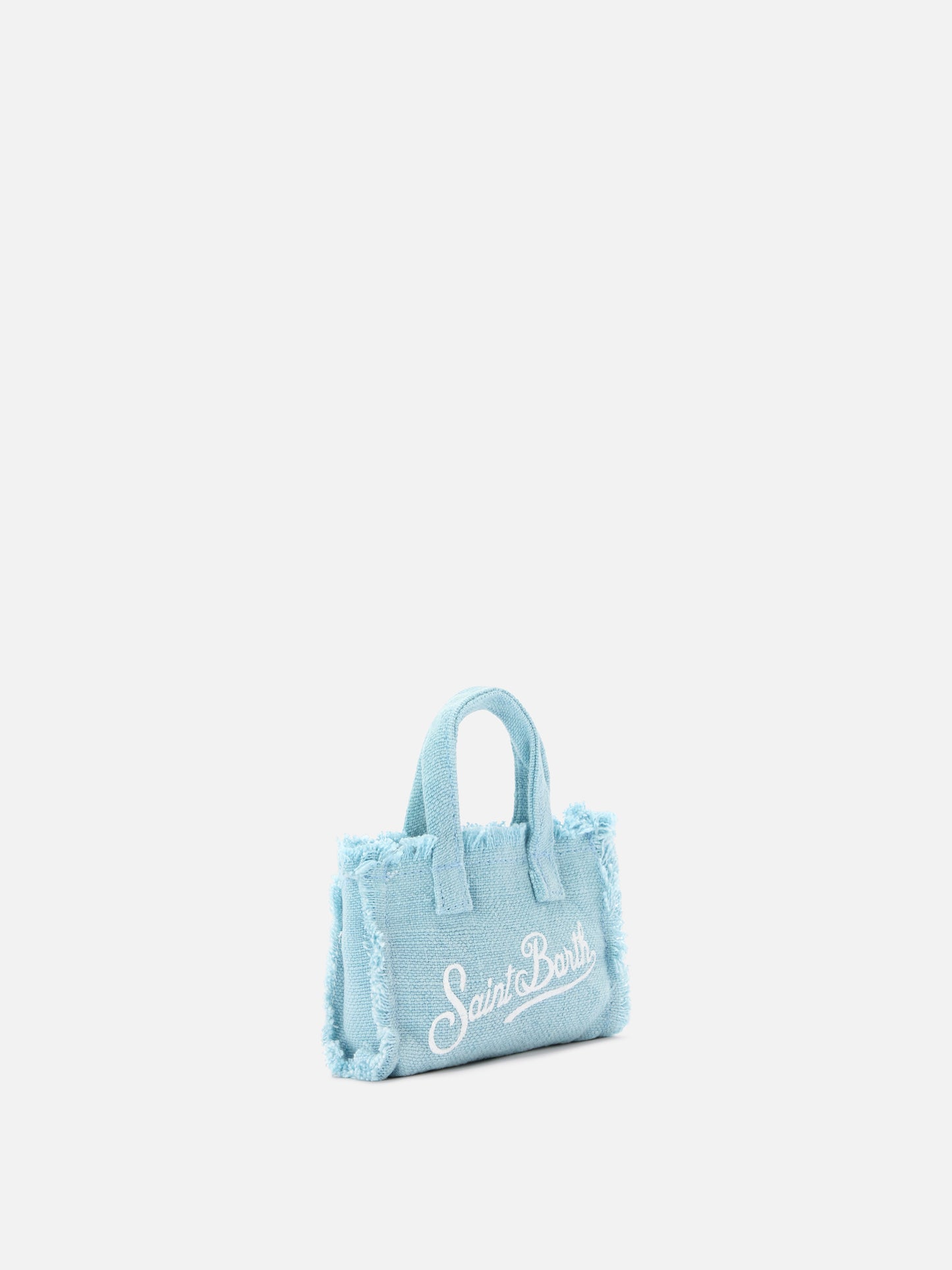 Hellblauer schlüsselanhänger in Form einer Mini-Tasche aus Leinen mit aufgedrucktem Logo 